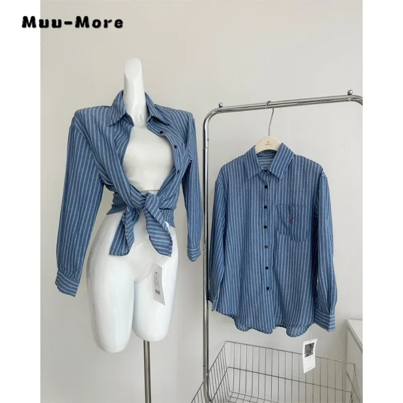 Свободная однобортная рубашка в полоску с длинным рукавом в винтажном стиле, Зимняя женская повседневная блузка с отложным воротником и вышивкой, топ . ' - ' . 3