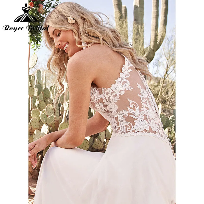 Элегантное свадебное платье трапециевидной формы с пуговицами сзади, V-образный вырез, кружевные аппликации, Шифоновые бретельки, свадебное платье vestidos de novia . ' - ' . 3