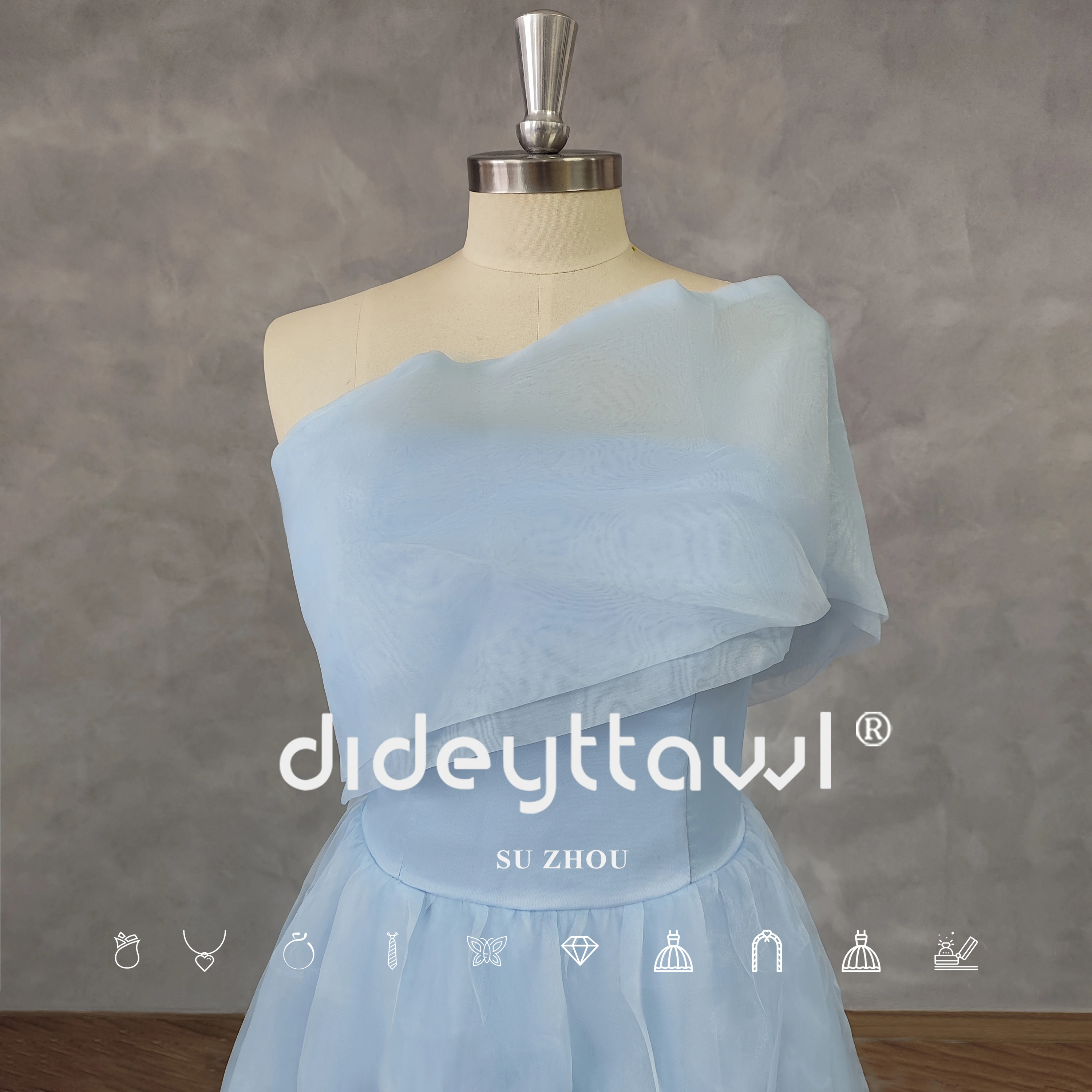 DIDEYTTAWL Реальные фотографии Голубое тюлевое платье для выпускного вечера с одним плечом, высокий разрез сбоку, трапециевидное вечернее платье в пол на молнии сзади . ' - ' . 4