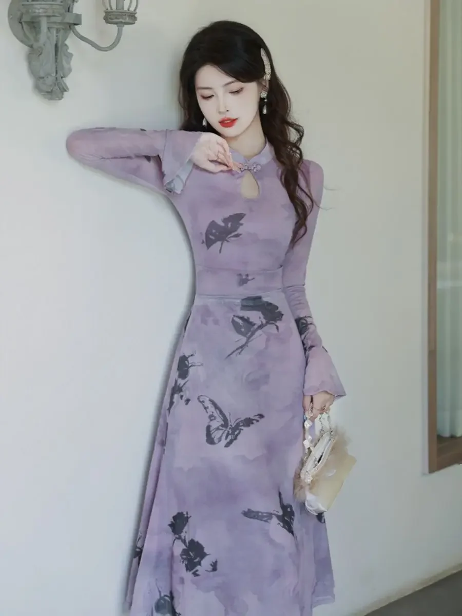 Женское модное платье Чонсам с фиолетовым рисунком бабочки, Винтажные тонкие платья с длинным рукавом, Элегантное улучшенное длинное Ципао . ' - ' . 4