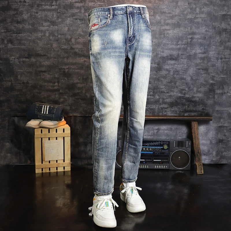 Новые дизайнерские Модные Мужские джинсы Ретро синего цвета, высококачественные Эластичные Рваные джинсы Slim Fit, Мужские Винтажные Повседневные джинсовые брюки Hombre . ' - ' . 4