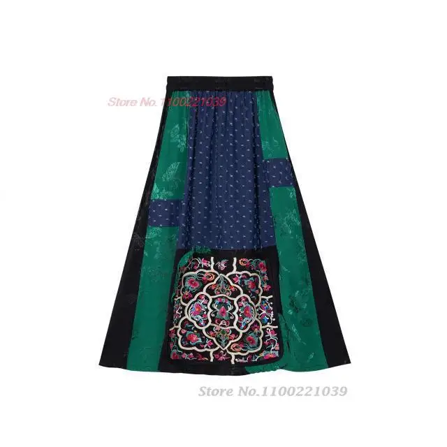 2024 китайская винтажная атласная жаккардовая юбка с национальной цветочной вышивкой, юбка с эластичным поясом, этническая юбка трапециевидной формы, уличная одежда в стиле ретро . ' - ' . 5