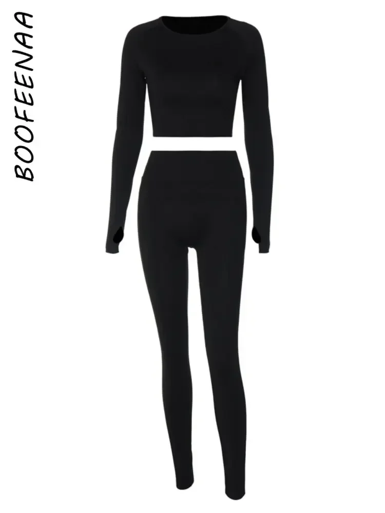 BOOFEENAA Облегающий Комплект из двух предметов с длинным рукавом, Топ и брюки, Женская Базовая Одежда Для активного отдыха, Мода 2023, Осенняя одежда, Подходящие Комплекты C70CC31 . ' - ' . 5
