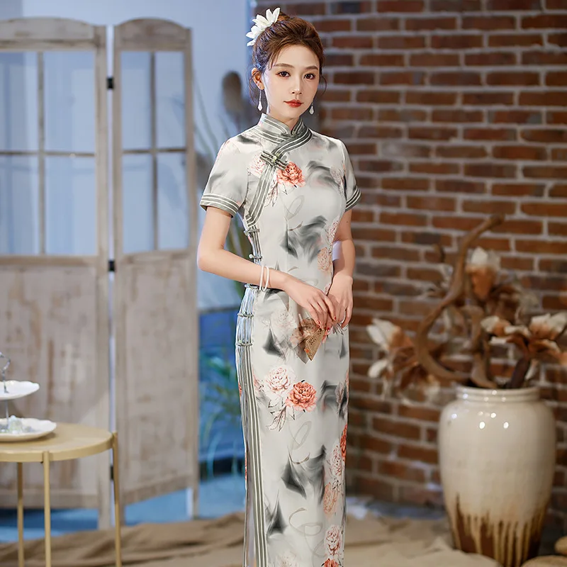 Yourqipao Summer Beige Slim Cheongsam Ink Flower Fashion Фотография Длинное Ципао в традиционном китайском стиле Вечернее платье для женщин . ' - ' . 5