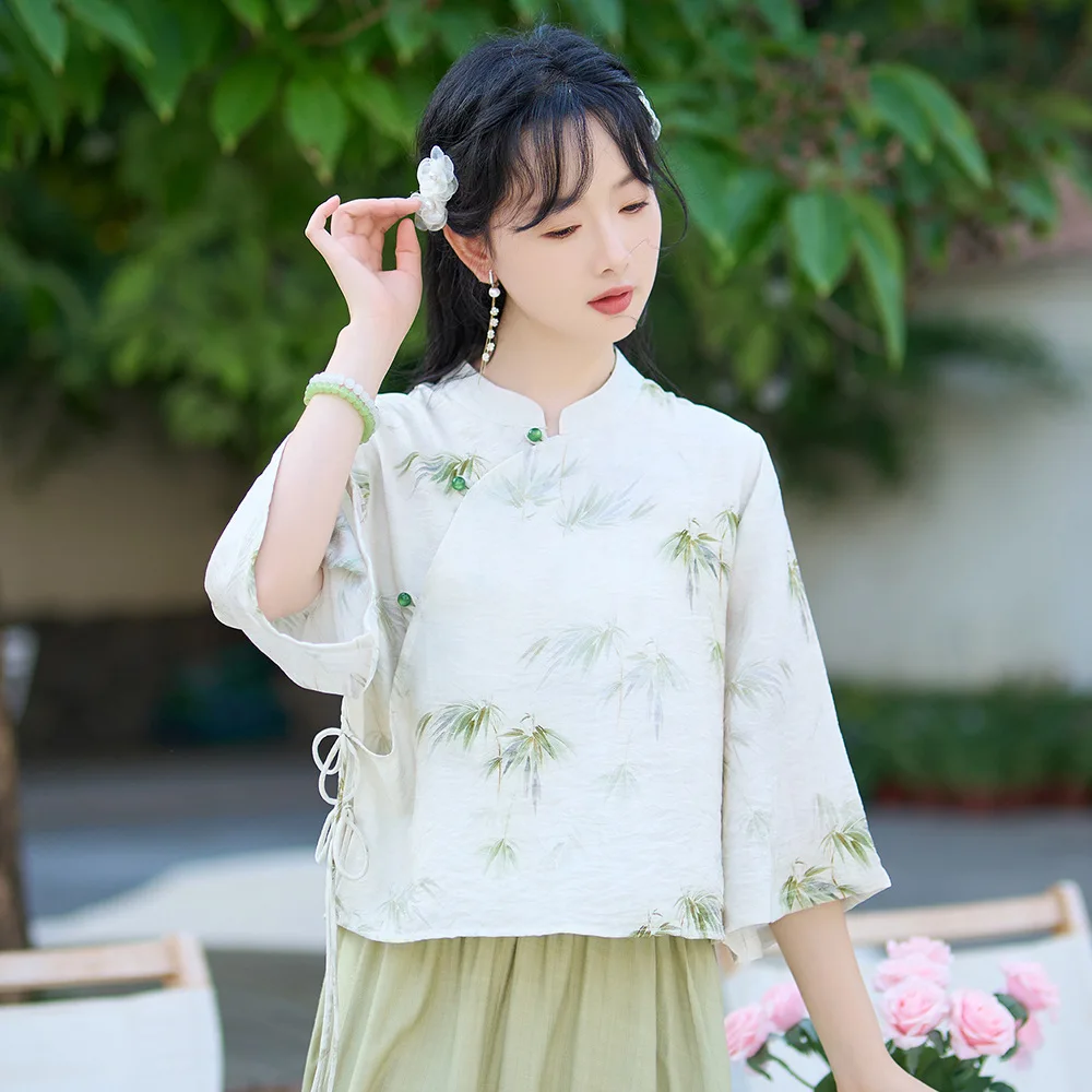 Yourqipao Летние молодые девушки, элегантный костюм Sweet Tang, топы в китайском стиле Hanfu, ретро-юбка, платье с пряжкой и воротником-стойкой для женщин . ' - ' . 5