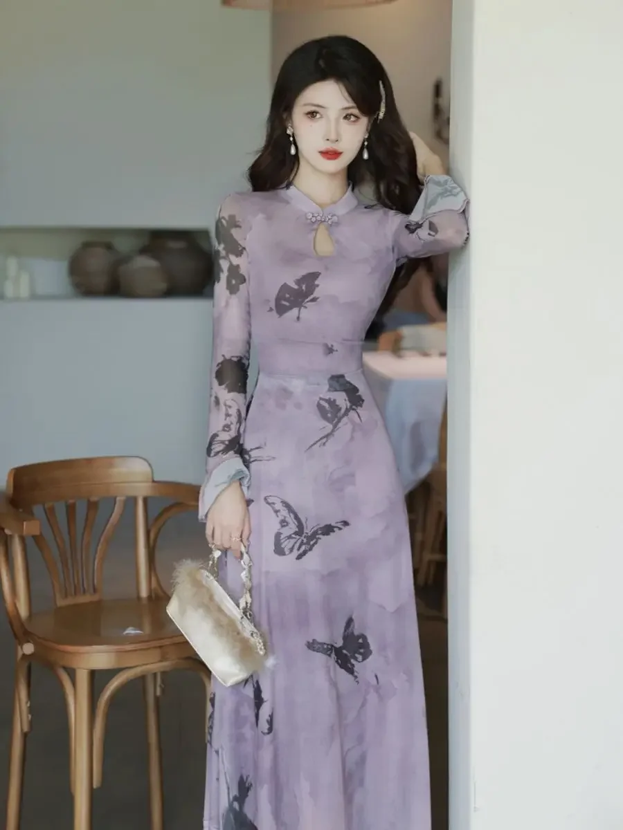 Женское модное платье Чонсам с фиолетовым рисунком бабочки, Винтажные тонкие платья с длинным рукавом, Элегантное улучшенное длинное Ципао . ' - ' . 5