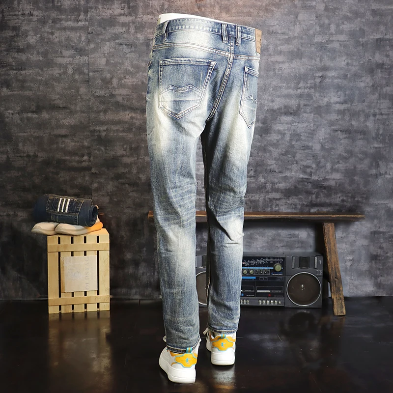 Новые дизайнерские Модные Мужские джинсы Ретро синего цвета, высококачественные Эластичные Рваные джинсы Slim Fit, Мужские Винтажные Повседневные джинсовые брюки Hombre . ' - ' . 5